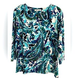 Long sleeve tee shirt top blouse. Gorgeous colors teal white black Medium